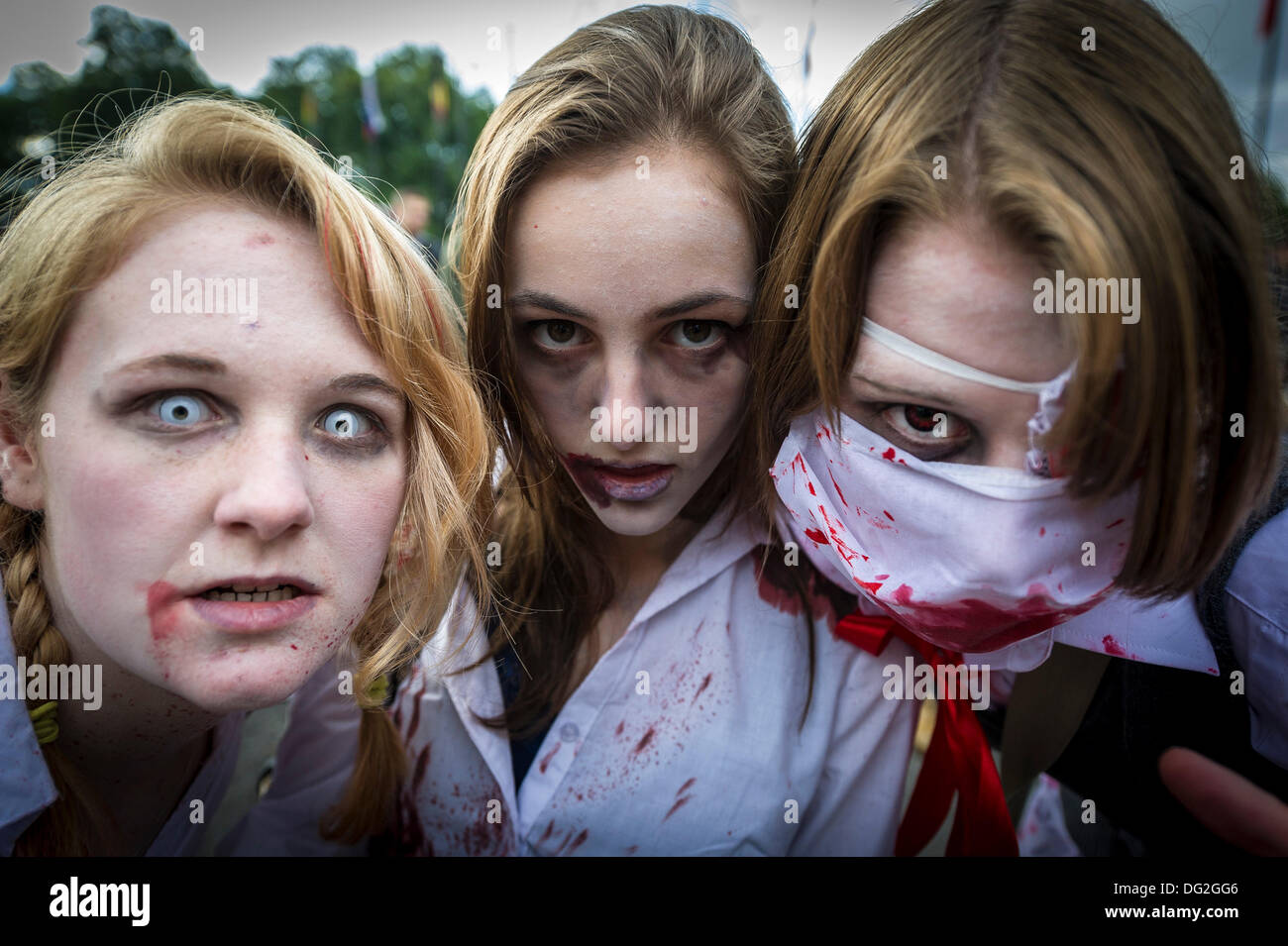 October 12th 2013 Three young female participants in the annual Zombie Invasion of London.  Photographer: Gordon Scammell/Alamy Live News Stock Photo