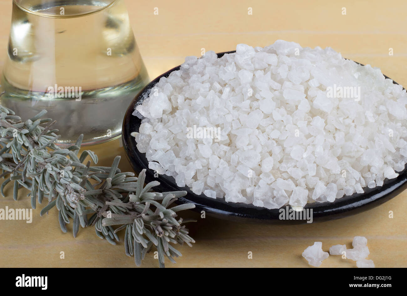 Spa set of sea salt and massage oil for close-up. Stock Photo
