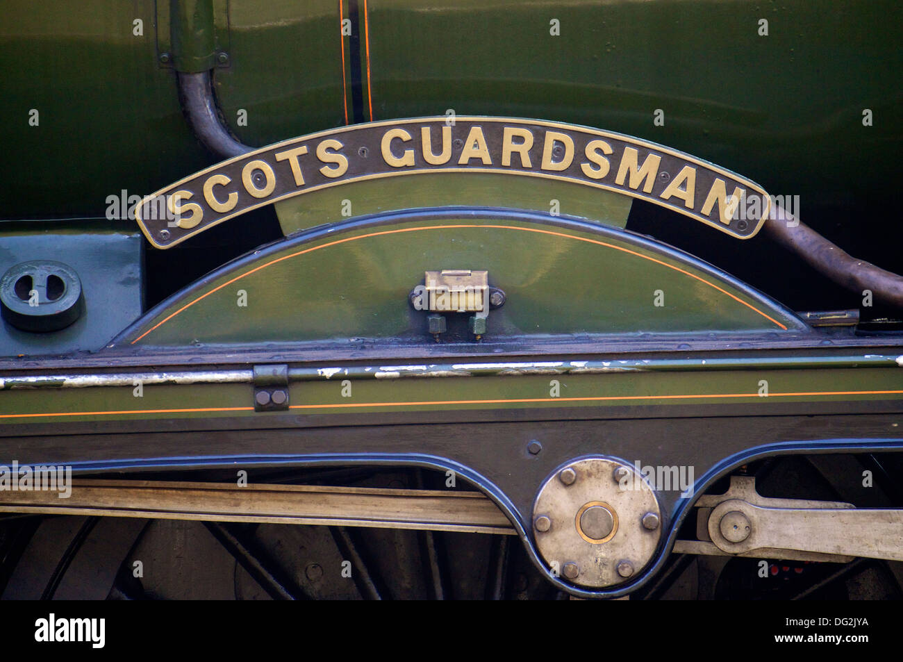 'Scots Guardsman' name plate and linkages. Carlisle Railway Station with a special charter train. Carlisle Cumbria England. Stock Photo