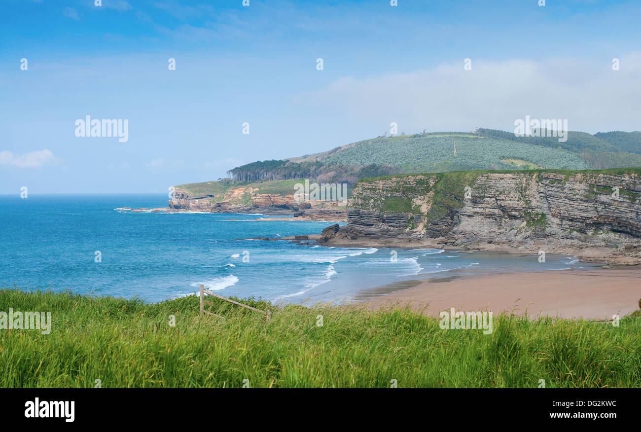 Wild Beach of Langre and Mountain Landscape. Langre, in Cantabria on the North of Spain. Stock Photo