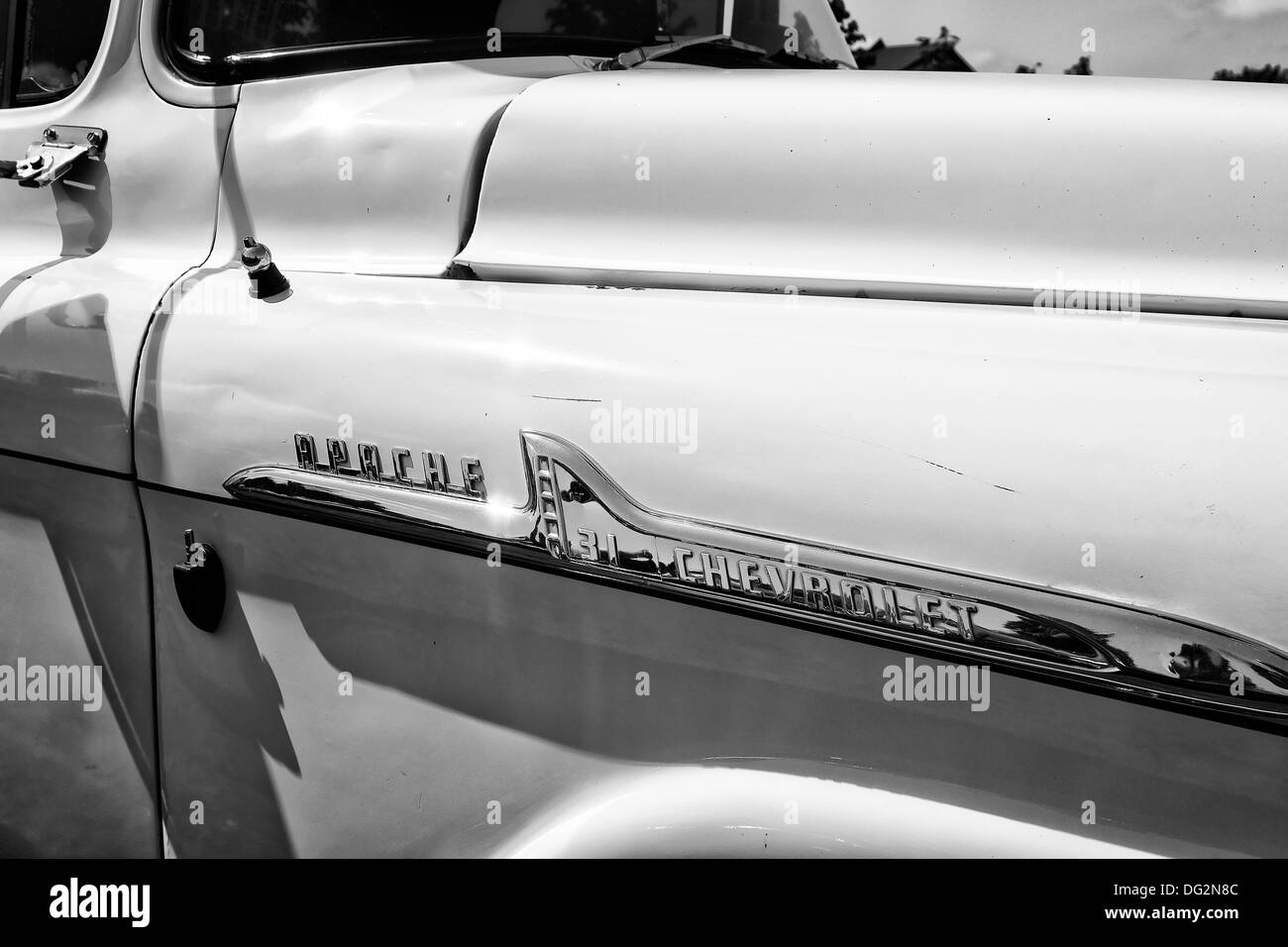 Detail of classic pickup truck Chevrolet Apache 31 (black and white) Stock Photo