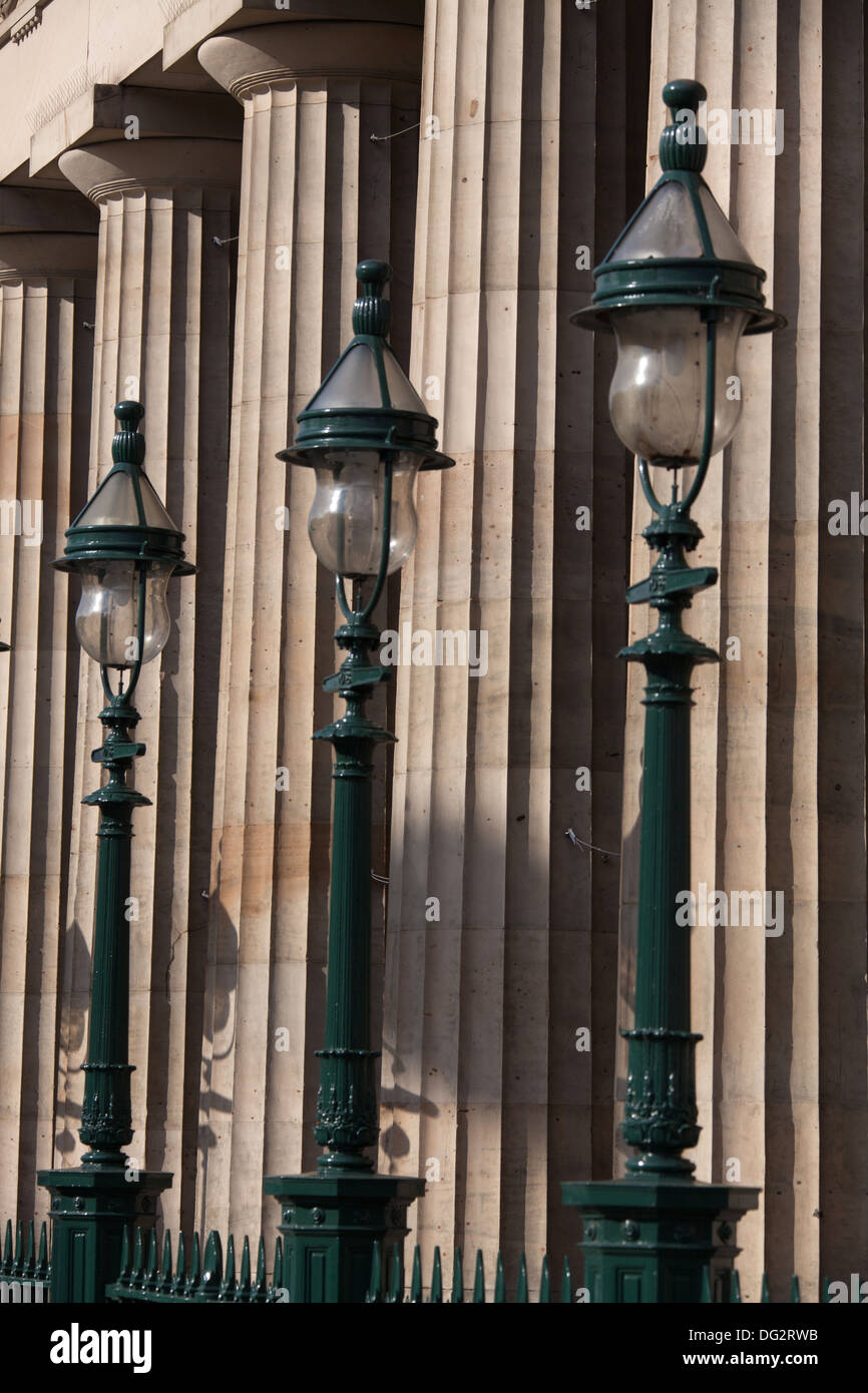 City of Edinburgh, Scotland. Close up view of lamps and the columned