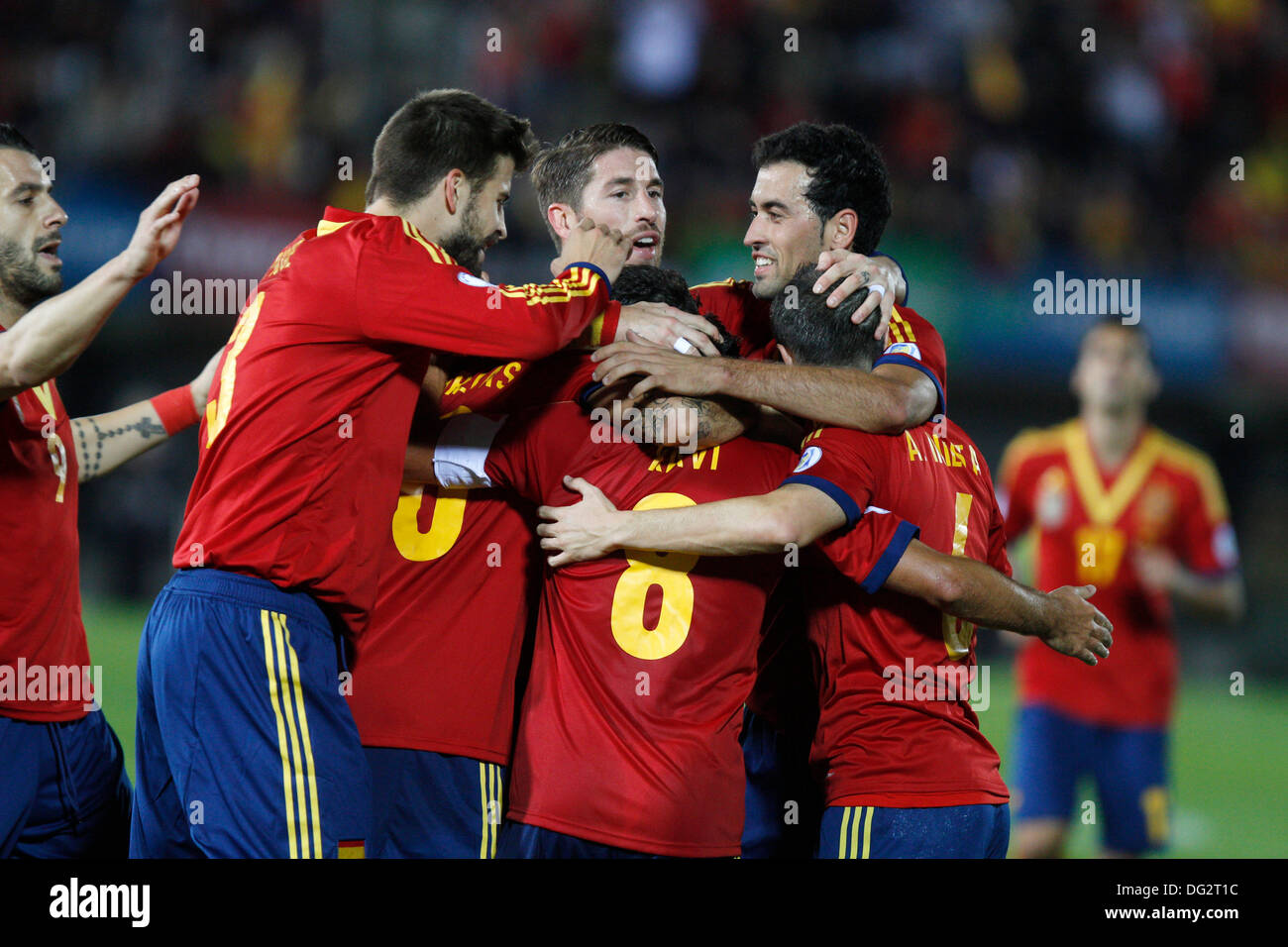 Palma de Mallorca, Spain, 12th Oct 2013, Spain«s soccer national team players celebrate after scoring a goal during their 2014 World Cup qualifying soccer match against Belarus at Son Moix stadium in Palma de Mallorca on friday 11th October. Zixia/Alamy Live News. Stock Photo