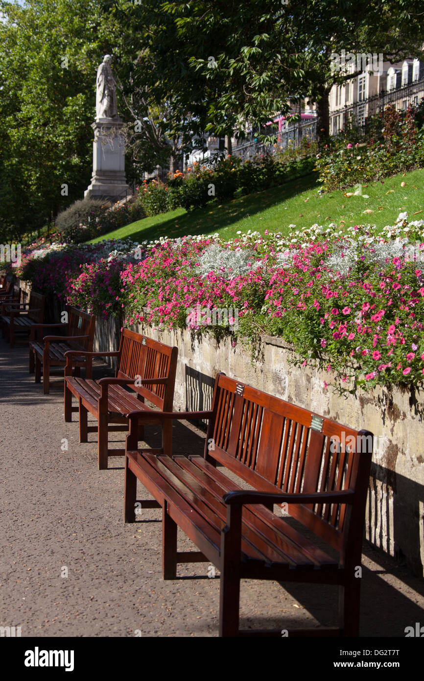 City of Edinburgh, Scotland. Empty benches on an early autumnal day in Edinburgh’s Princes Street Gardens. Stock Photo
