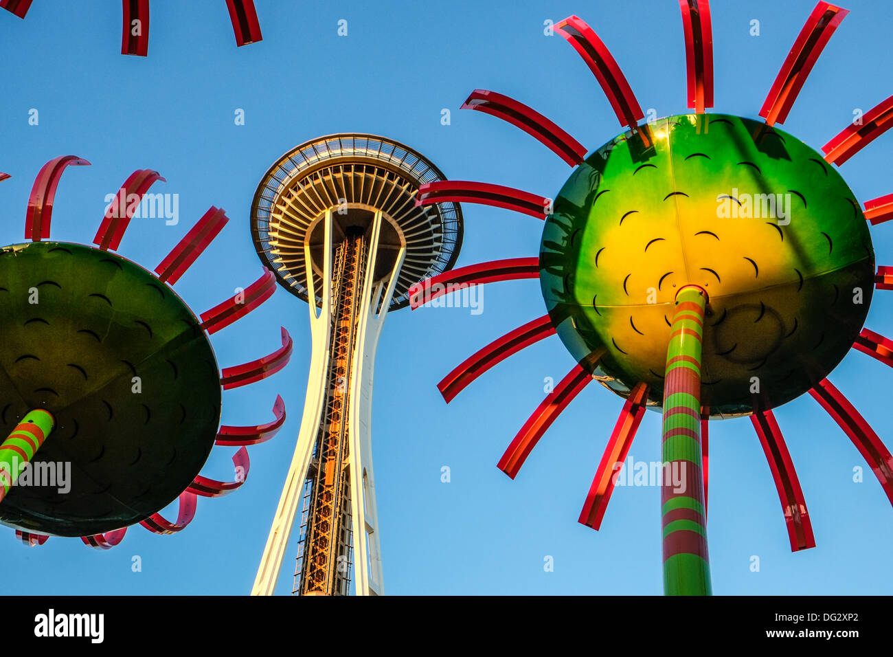 Space Needle in Seattle Center with glass flowers in the foreground Stock Photo