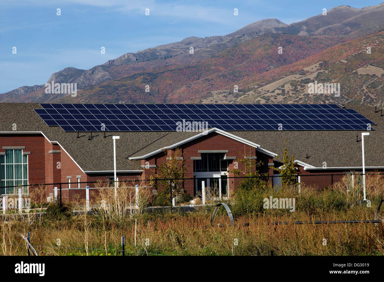 Solar Panels on the Roof of a Mormon Church in Farmington, Utah Stock Photo