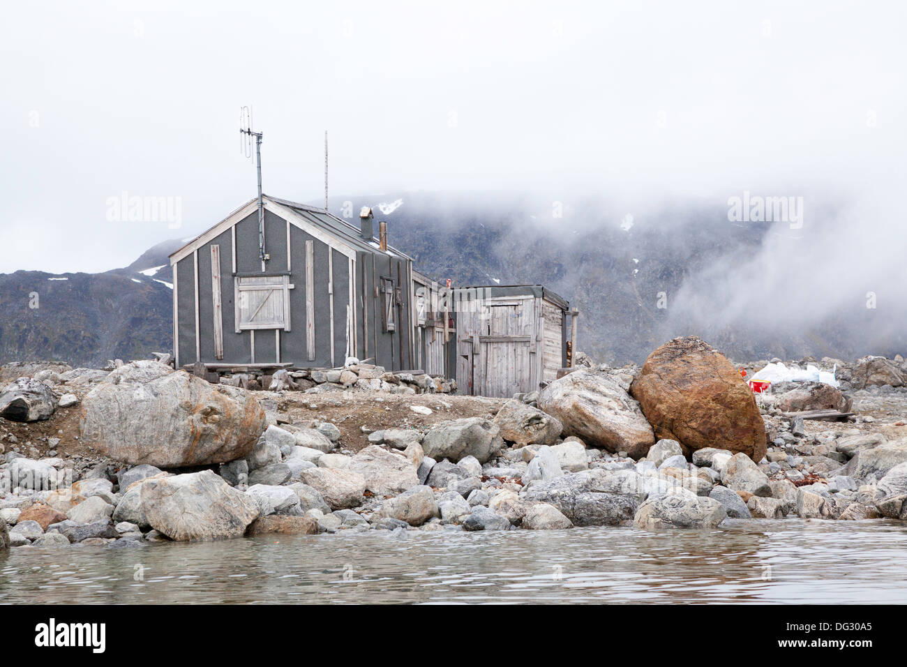 Hunters cabin at Holmiabukta, Svalbard Archipelago, Norwegian Arctic Stock Photo