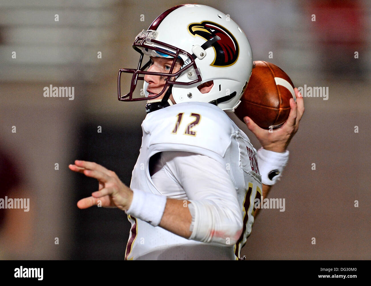 San Marcos, TX, USA. 12th Oct, 2013. ULM quarterback Brayle Brown #12 throws a pass during NCAA football game at Jim Wacker Field in San Marcos, TX. ULM defeat Texas State 21-14. © csm/Alamy Live News Stock Photo