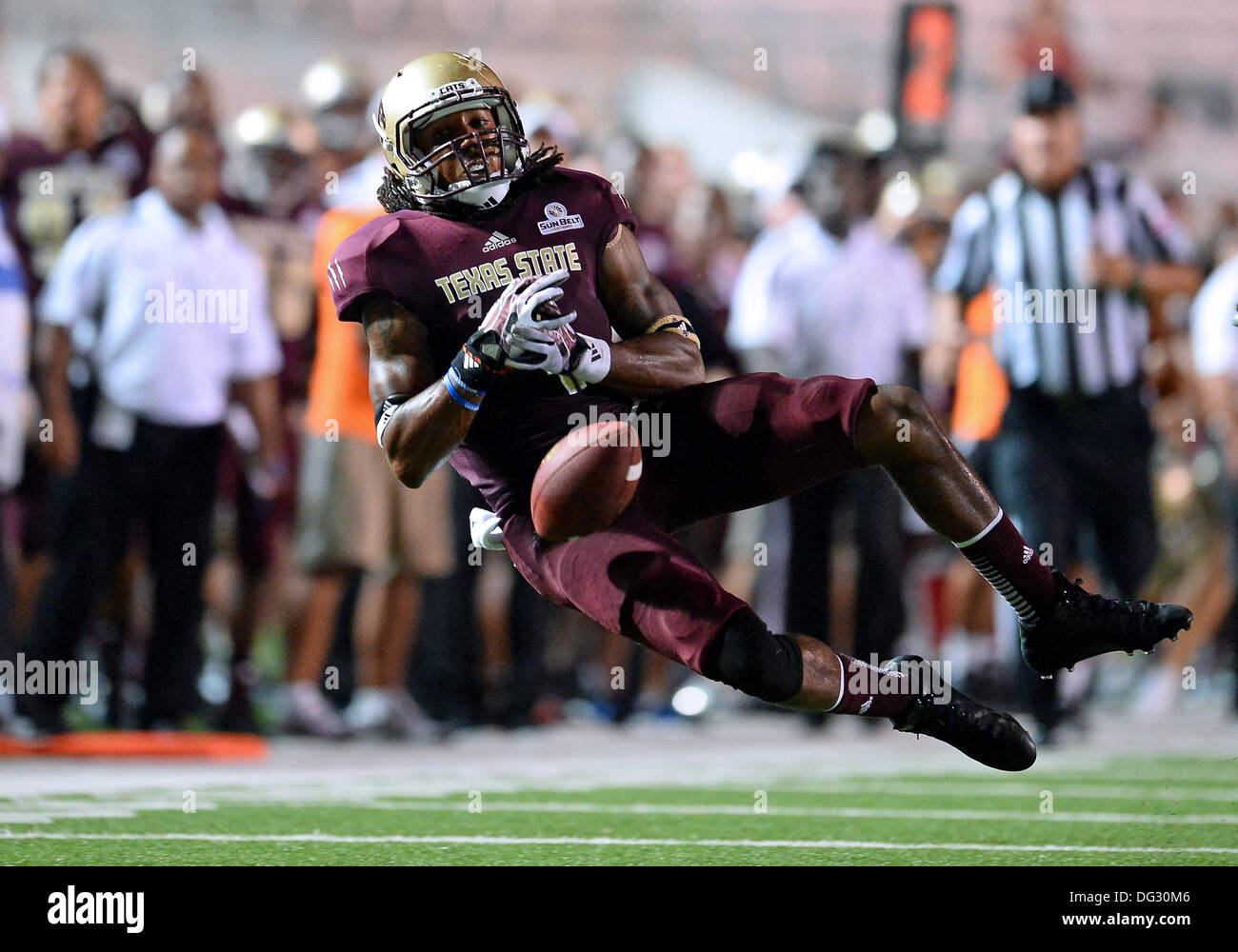 San Marcos, TX, USA. 12th Oct, 2013. Texas State wide receiver Ben Ijah #1 fails to catch a pass during the final minutes of NCAA football game at Jim Wacker Field in San Marcos, TX. ULM defeat Texas State 21-14. © csm/Alamy Live News Stock Photo
