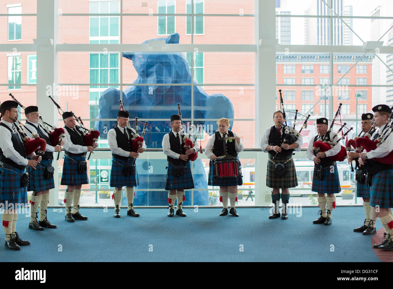 Denver, CO  Oct. 12, 2013. Bagpipers greet participants of the 2013 Great American Beer Festival. Approximately 49,000 people attended the three day event. © Ed Endicott/Alamy Live News Stock Photo