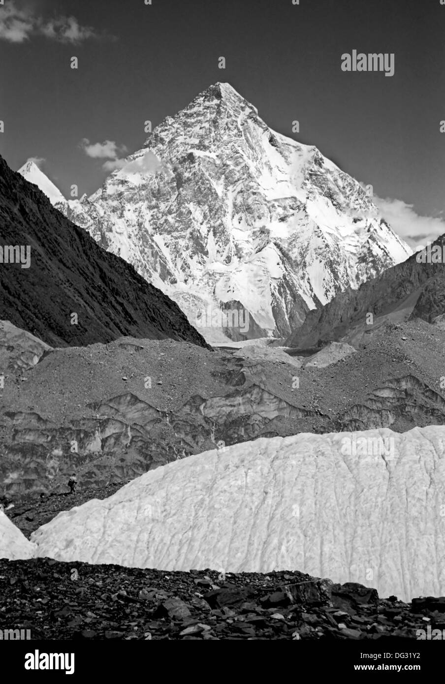 View of K2, Chogori peak (8611 m) from Baltoro glacier in Pakistan. Film scan. Stock Photo