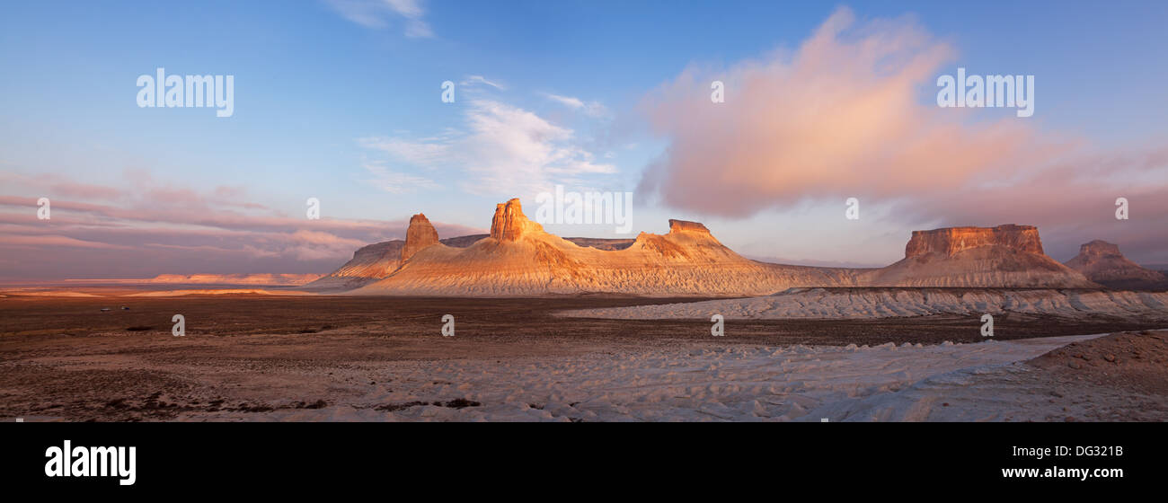 The Thumb Formation on Plateau Ustyurt in Kazakhstan at sunrise. Stock Photo