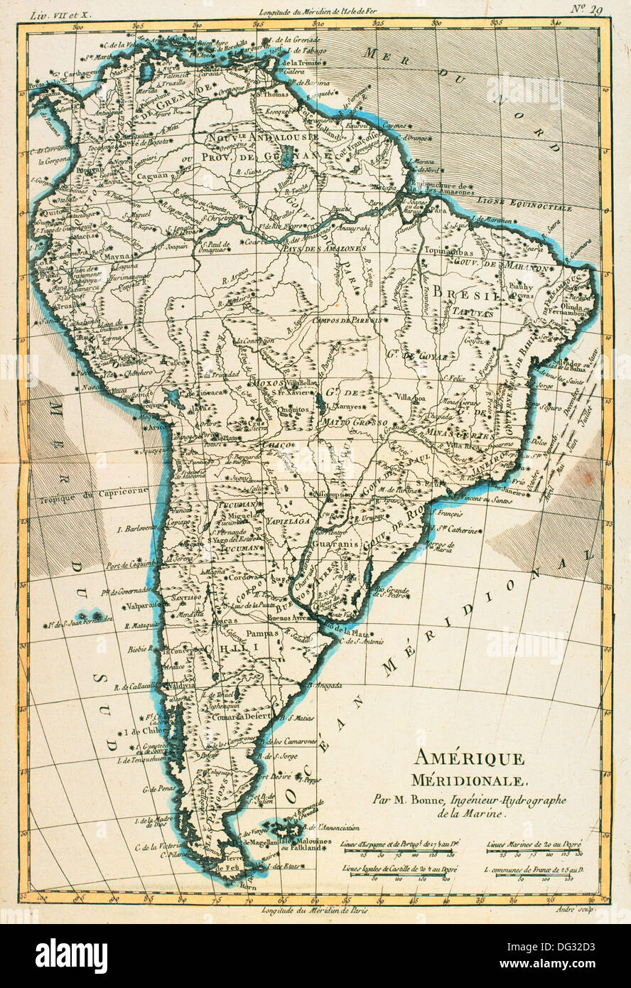 Map of South America circa 1760.  From Atlas de Toutes Les Parties Connues du Globe Terrestre by Cartographer Rigobert Bonne. Stock Photo