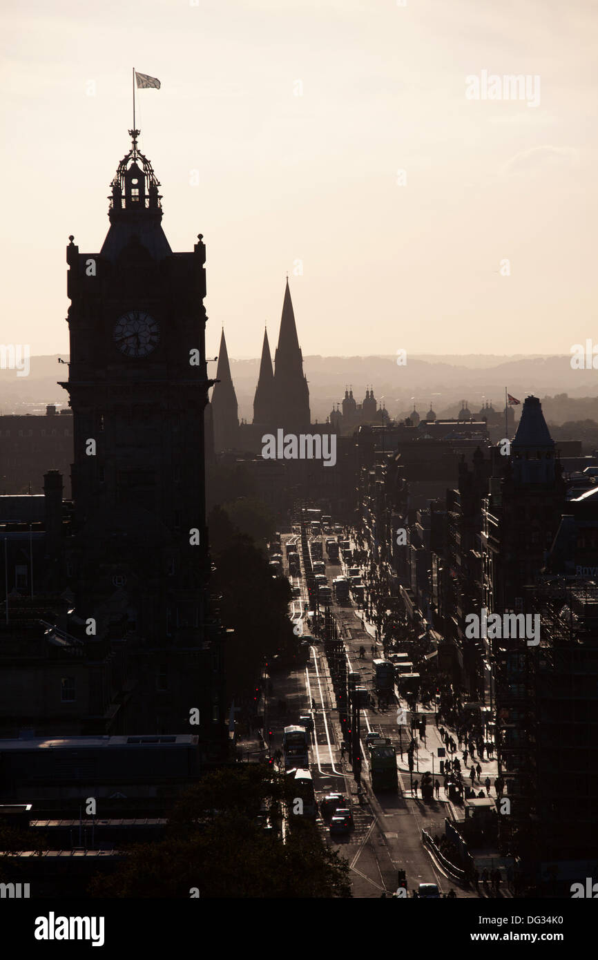 City of Edinburgh, Scotland. Picturesque silhouette view of Edinburgh city centre and Princes Street, viewed from Calton Hill. Stock Photo