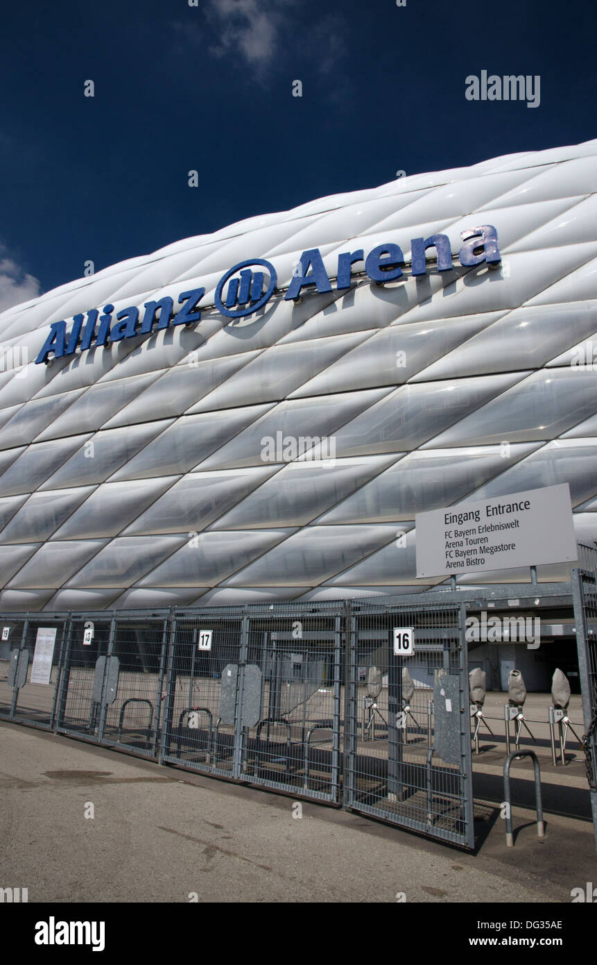 entrance gates to the allianz arena home to bayern munich football club pictured on a sunny day Stock Photo