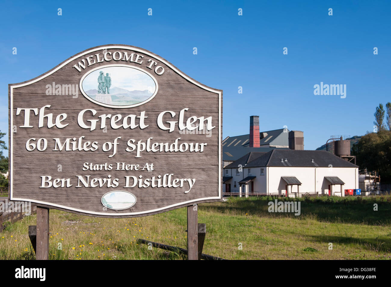 A wooden sign at the ben nevis distillery showing the start of the great glen at fort William in the Scottish highlands Stock Photo