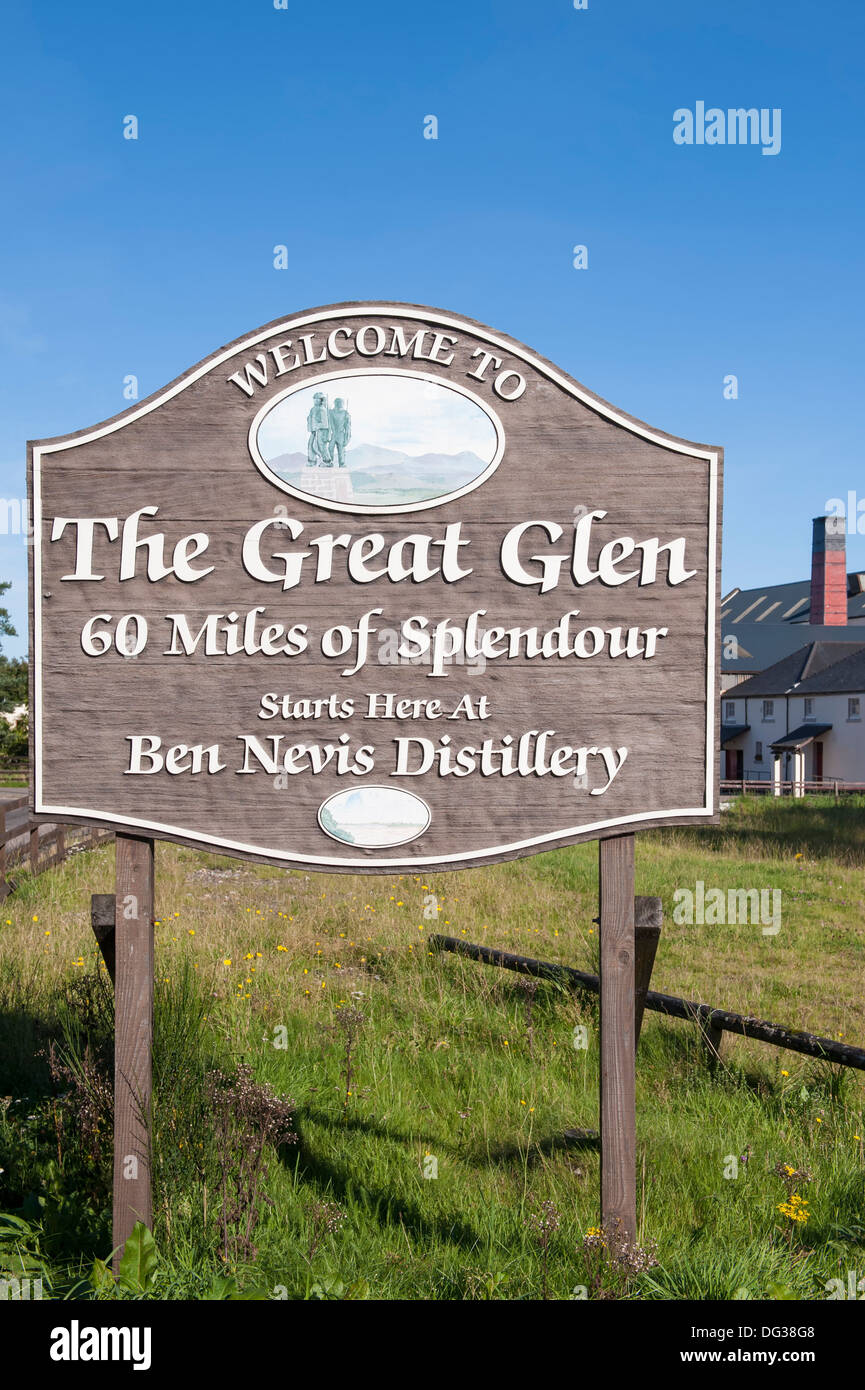 A wooden sign at the ben nevis distillery showing the start of the great glen at fort William in the Scottish highlands Stock Photo