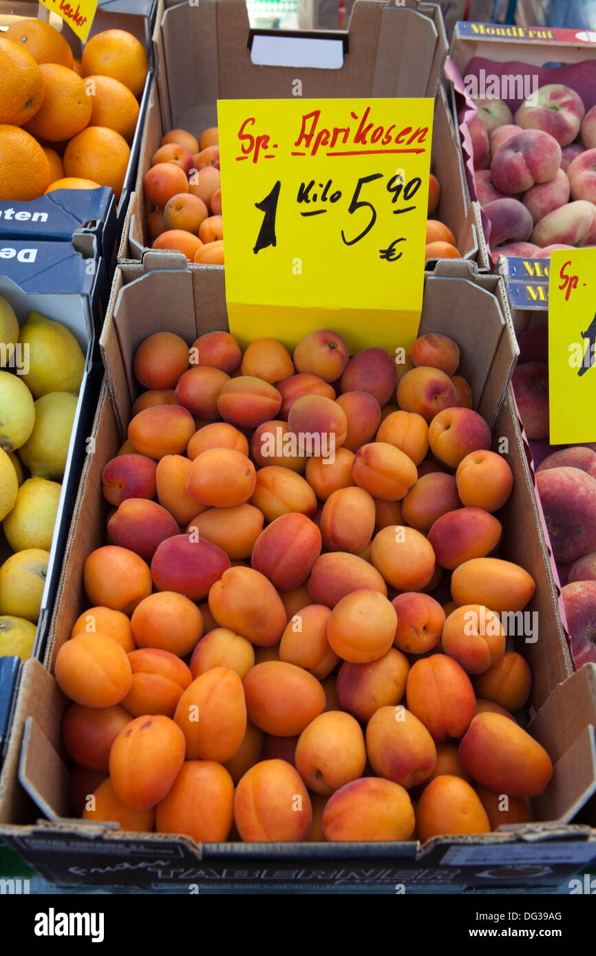 Apricots, Prunus armeniaca at a market stall, Hanover, Lower Saxony, Germany, Europe Stock Photo
