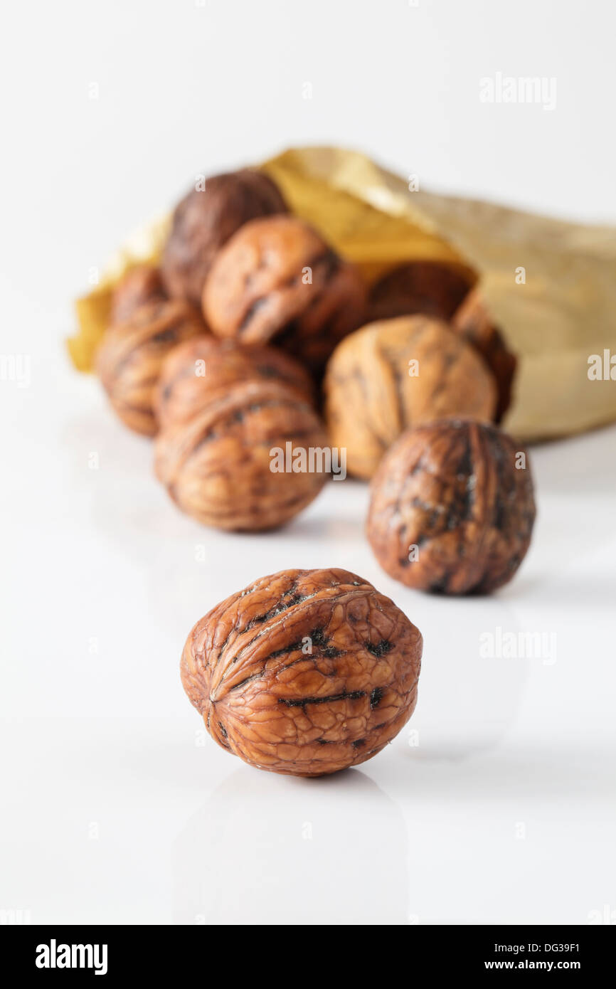 Fresh picked wet walnuts and paperbag Stock Photo