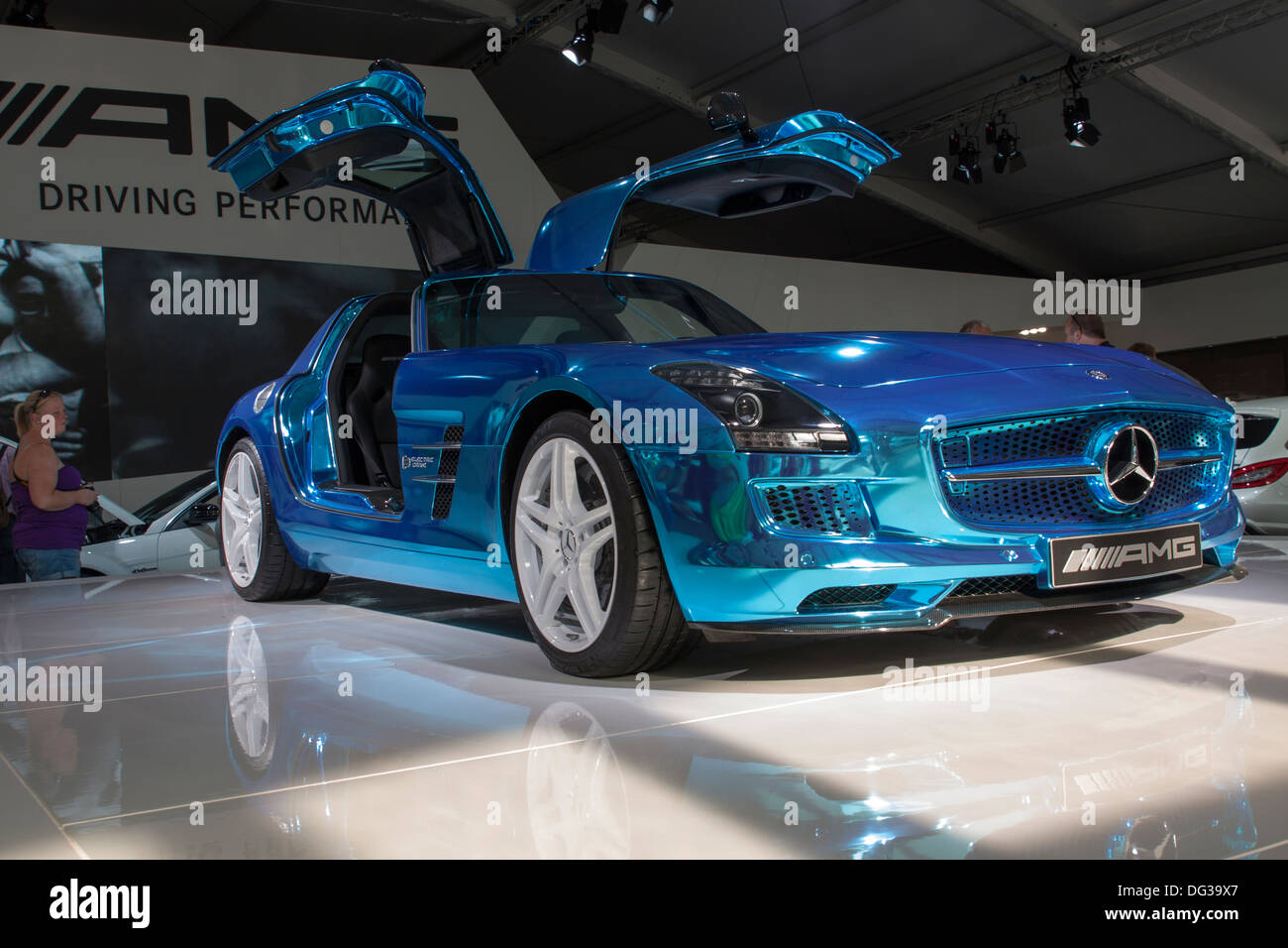Blue Mercedes SLS AMG with open door at Goodwood 2013 Stock Photo