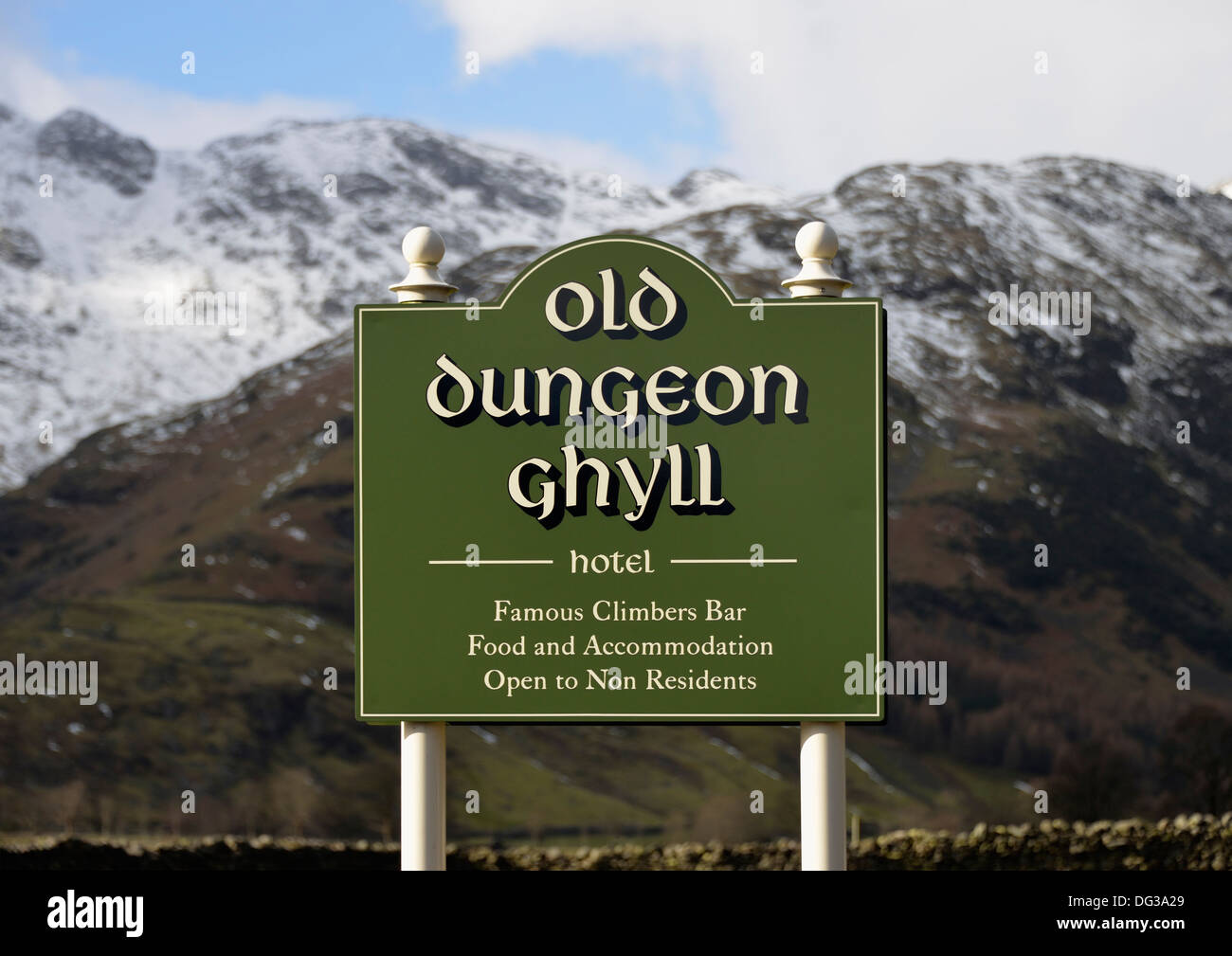 Old Dungeon Ghyll Hotel sign. Great Langdale, Lake District National Park, Cumbria, England, United Kingdom, Europe. Stock Photo