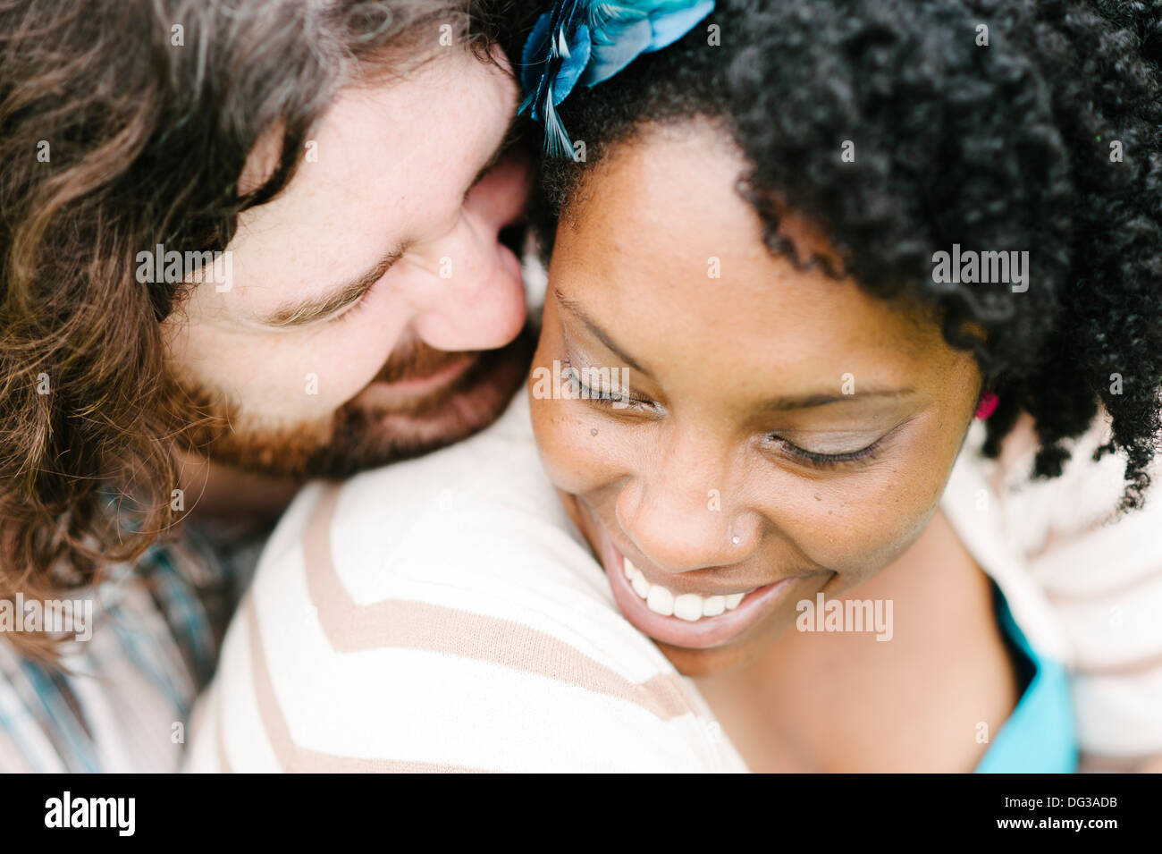 Smiling Interracial Couple, Close Up, High Angle View Stock Photo