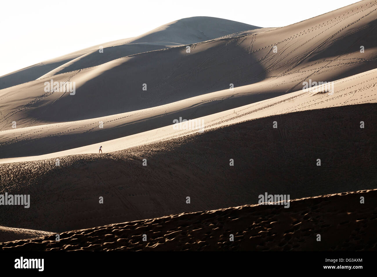 An intrepid hiker walks in the Sand Dunes National Park, Colorado. Stock Photo
