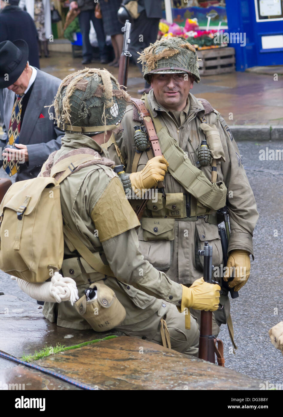 Men dressed as WW2 American infantry soldiers in Pickering North Yorkshire England UK for the Wartime and 1940's week-end 2013 Stock Photo