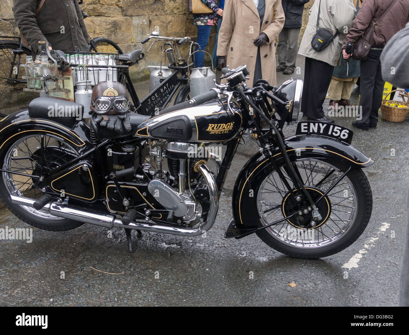 A period Rudge motorcycle on display in Pickering North Yorkshire England UK for the Wartime and 1940's week-end 2013 Stock Photo