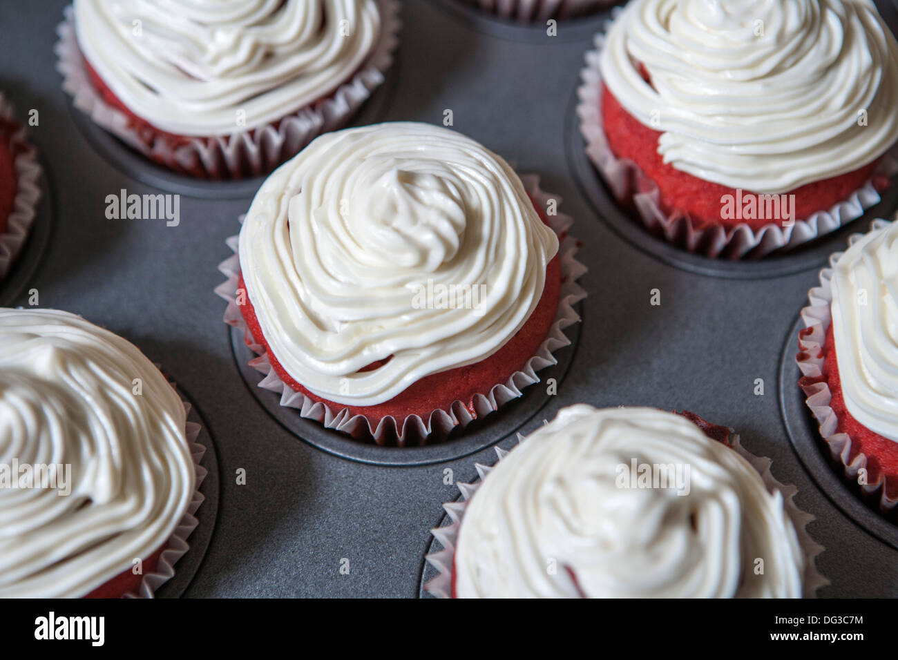 Red Velvet Cupcakes with Cream Cheese Icing, Close-Up, High Angle View Stock Photo