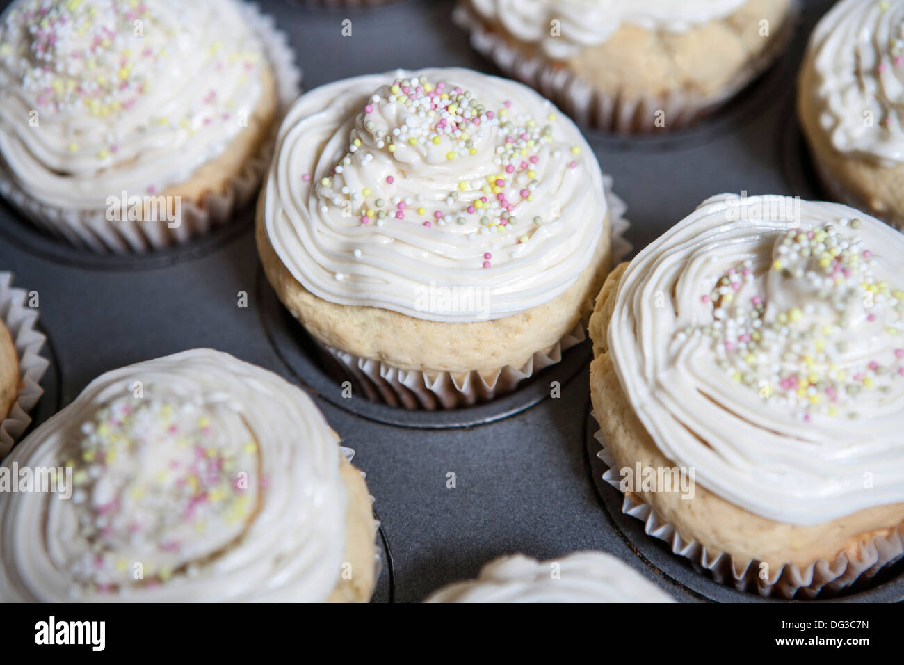Vanilla Cupcakes with Cream Cheese Icing and Sprinkles Stock Photo