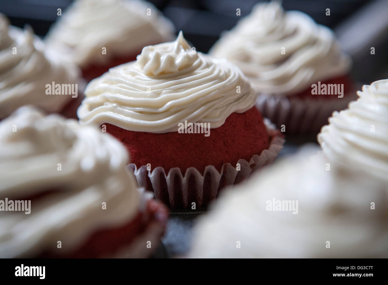 Red Velvet Cupcakes with Cream Cheese Icing, Close-Up Stock Photo