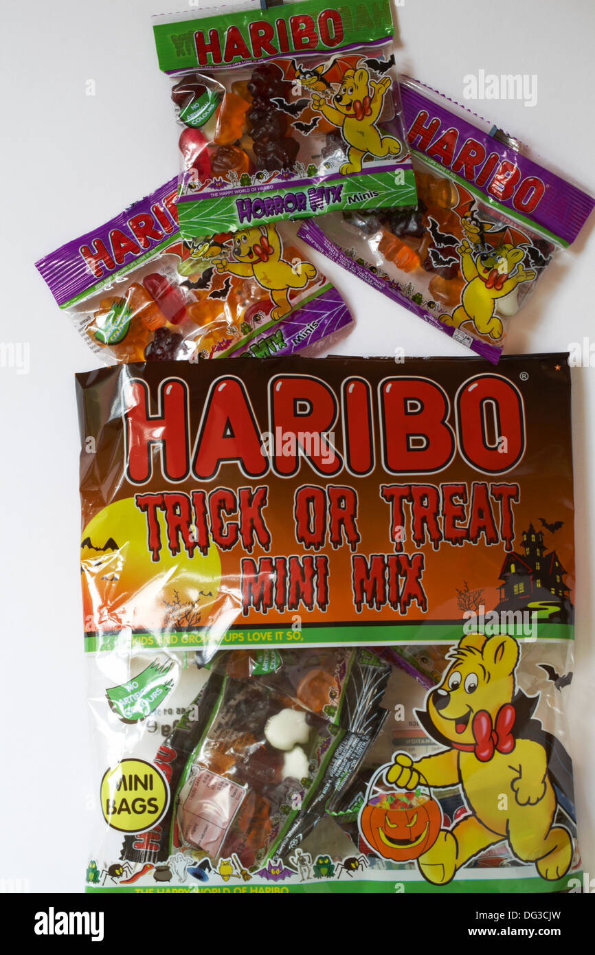 Pack of Haribo Trick or Treat mini Mix opened to show individual packets set on white background Stock Photo