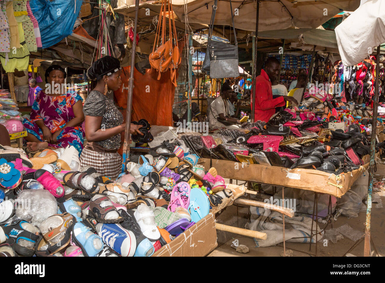 Senegal, Touba. Shoes and Sandals for Sale in the Touba Market. Stock Photo