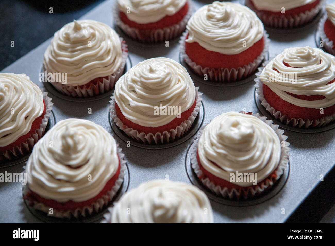 Red Velvet Cupcakes with Cream Cheese Icing, Close-Up, High Angle View Stock Photo