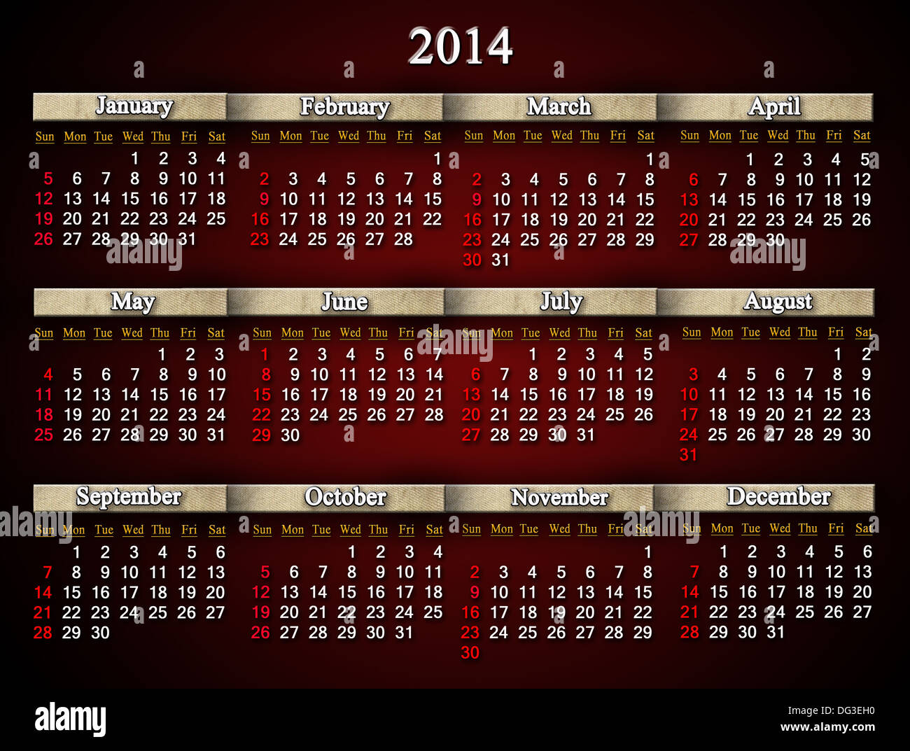 Beautiful claret and unusual calendar for 2014 year in english stock