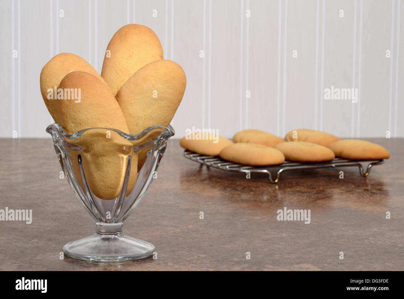 giant lady finger cookies in a glass dish Stock Photo Alamy