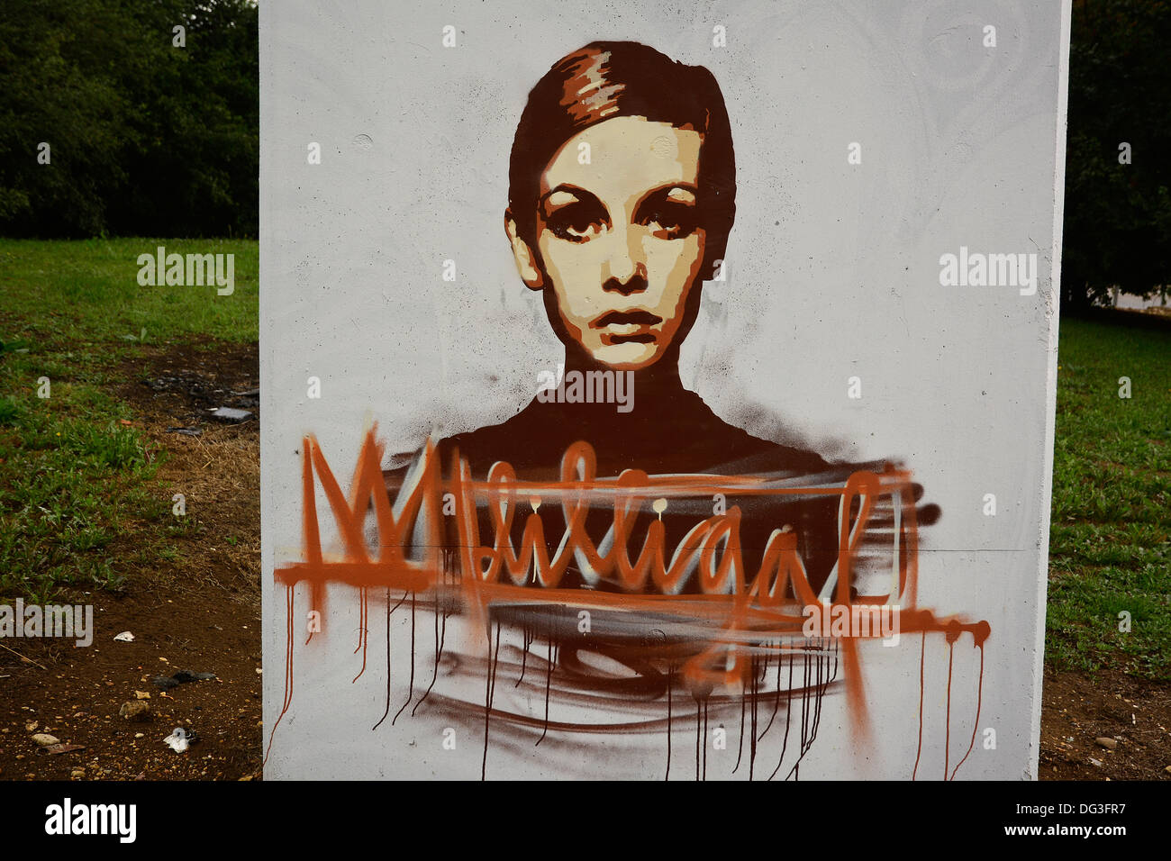 Ant Carver's graffiti painting of Twiggy at Deanshanger, Northamptonshire, 13/10/2013. Stock Photo