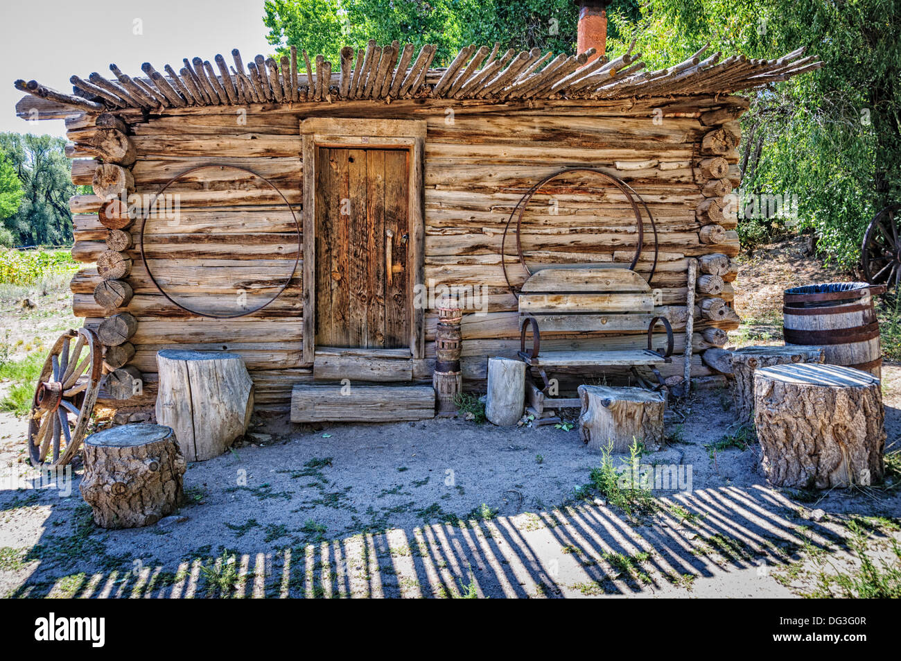 Carreteria (Wheelwright Shop), El Rancho de la Golondrinas, Los Pinos Road, Santa Fe, New Mexico Stock Photo