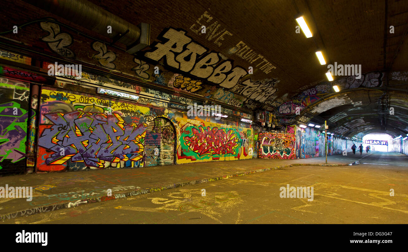 Leake Street, also known as Graffiti Tunnel underneath Waterloo Train Station, Lambeth, London, UK. Stock Photo
