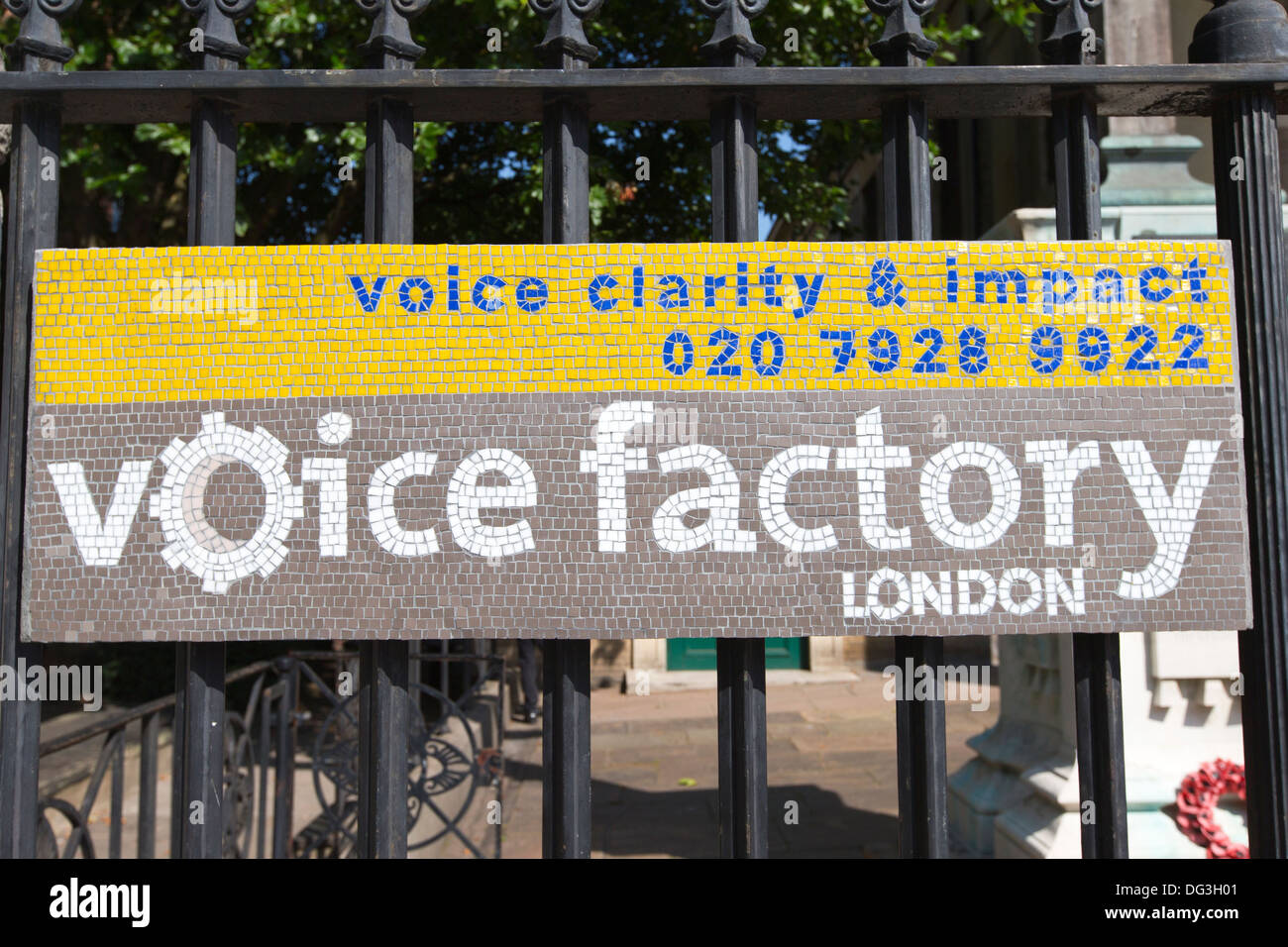 Voice Clarity & Impact mosaic sign, St John's Crypt, 73 Waterloo Road, London, UK, SE1. Stock Photo