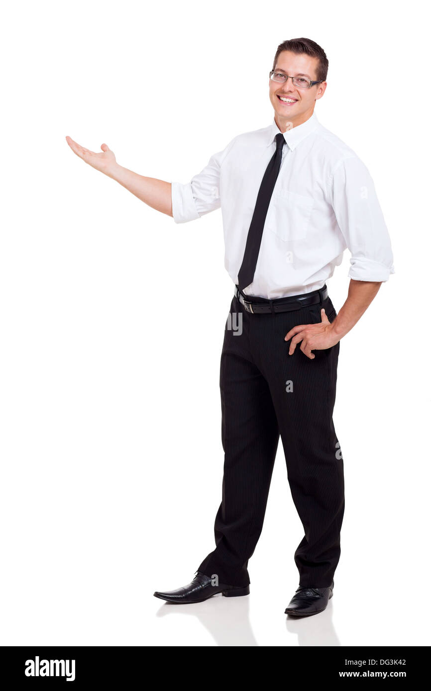 friendly businessman with arm out in a welcoming gesture Stock Photo