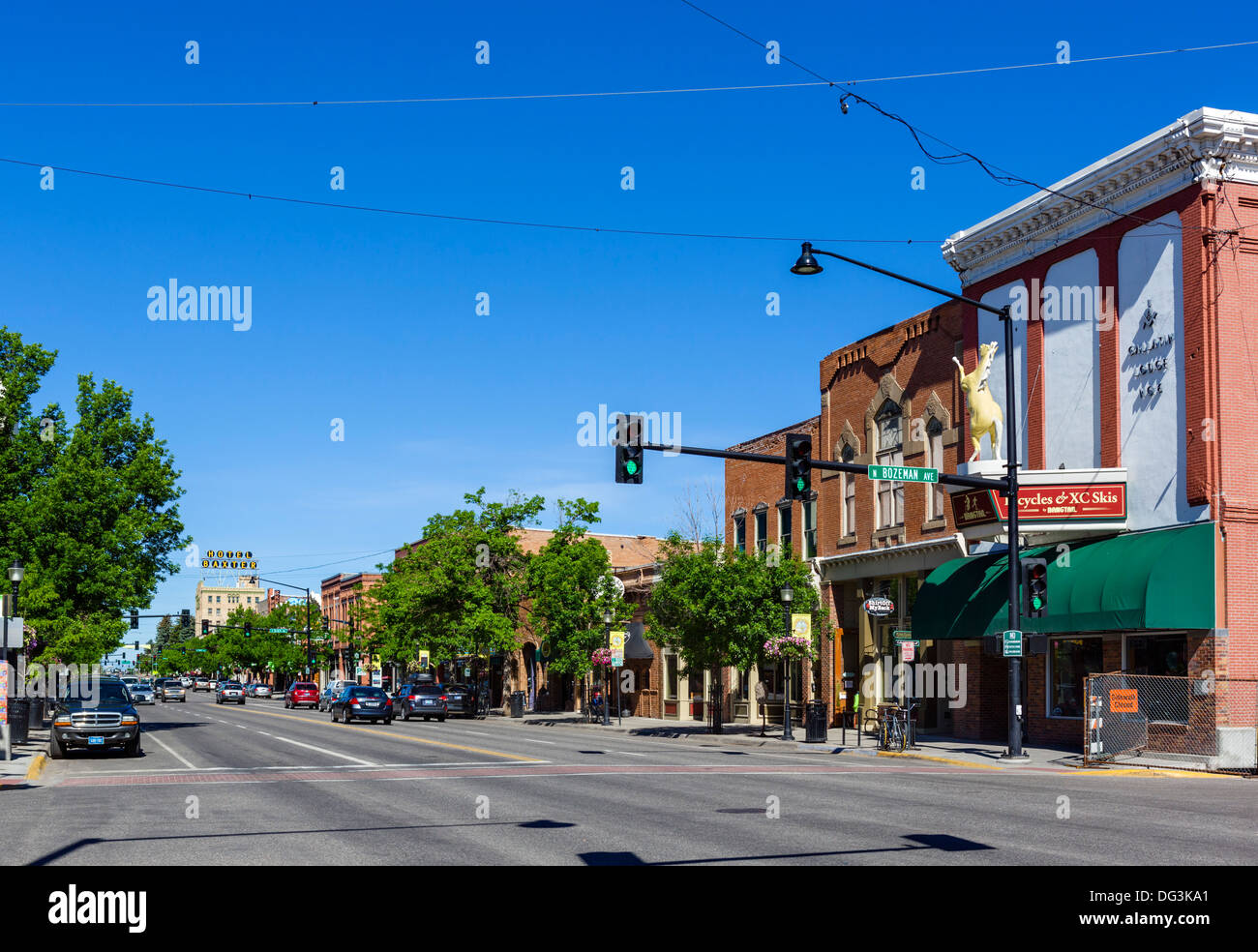 Main Street in downtown Bozeman looking towards the Hotel Baxter, Montana, USA Stock Photo
