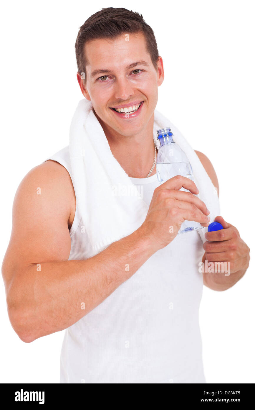 happy young man drinking water after workout over white background Stock Photo