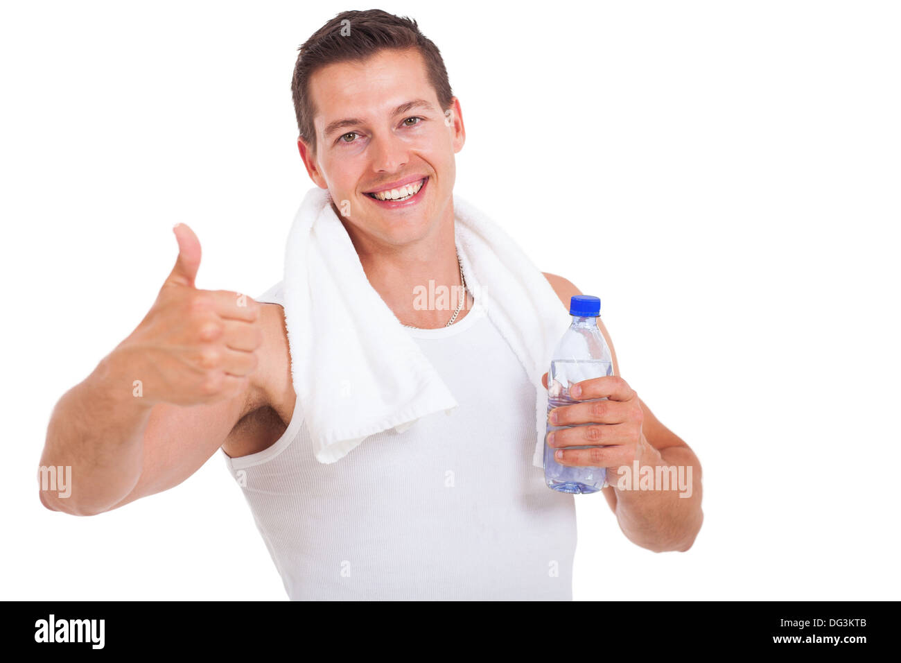 handsome fitness man holding water bottle and giving thumb up isolated ...