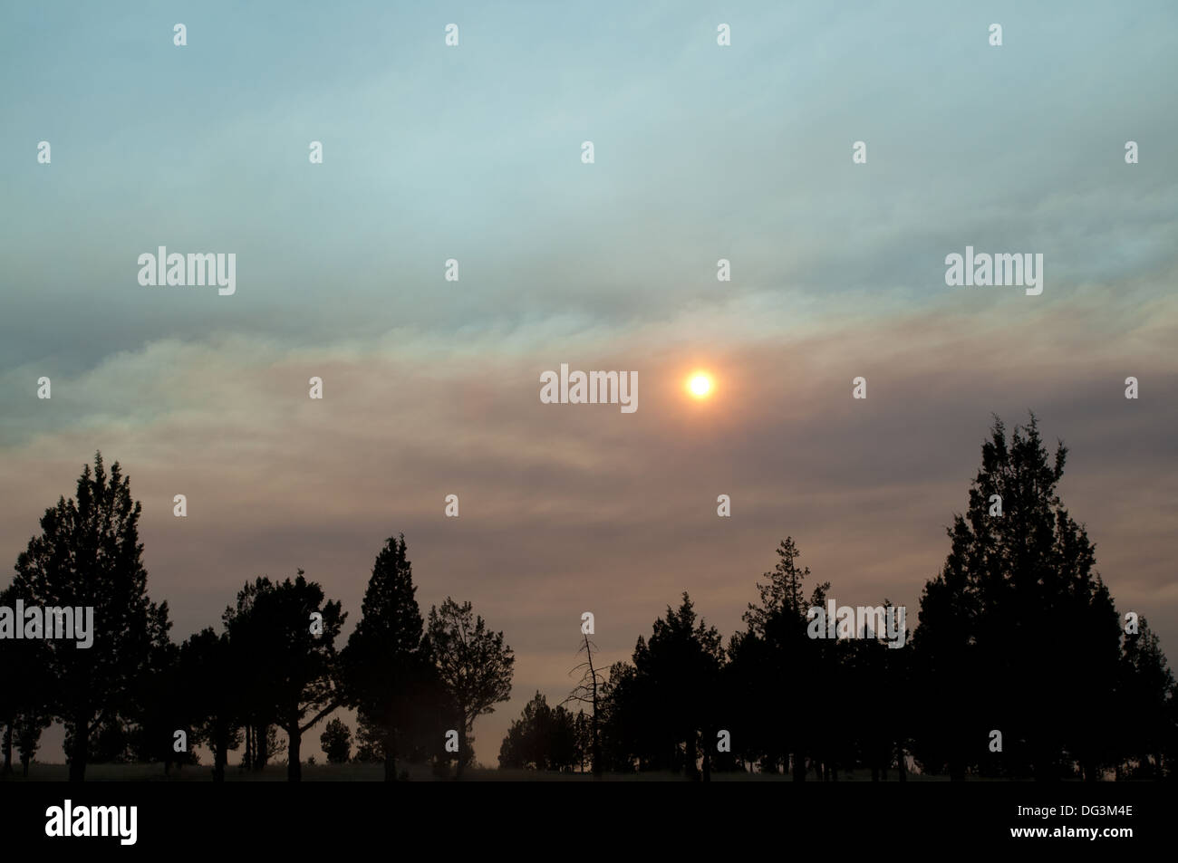 Smoke filled sky in eastern Oregon, from a forest fire burning out of control. Stock Photo