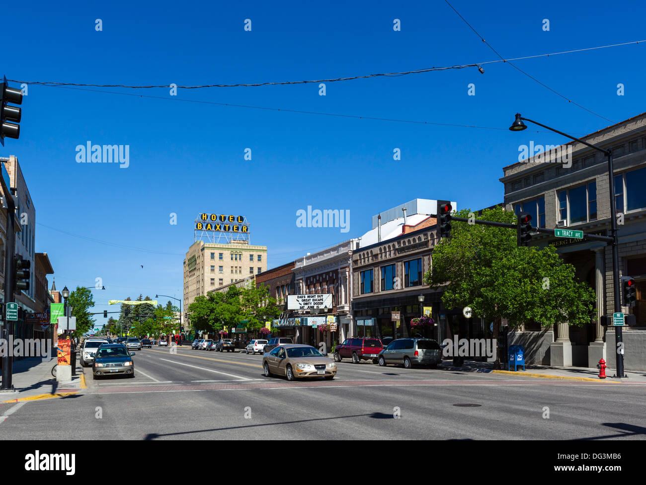 Main Street in downtown Bozeman looking towards the Hotel Baxter, Montana, USA Stock Photo
