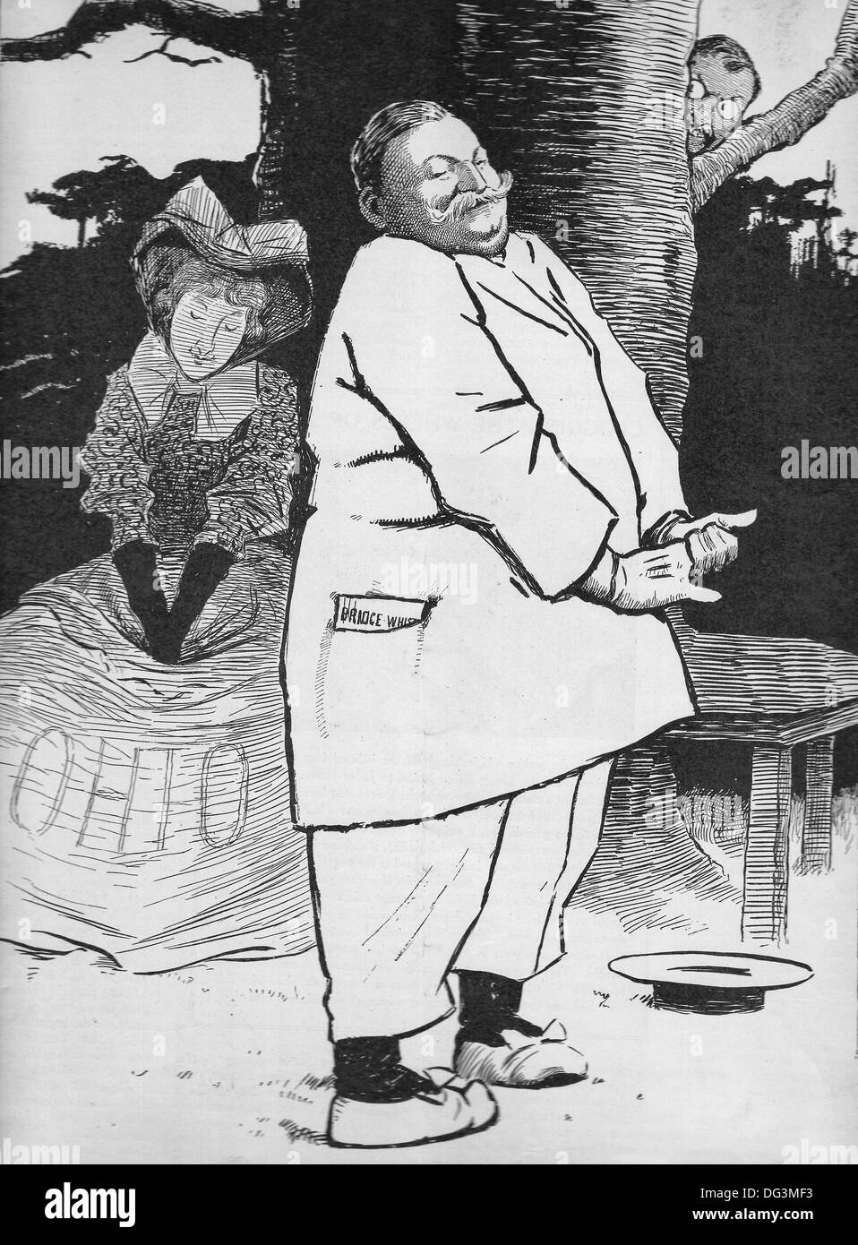 Tongue Tied - Political cartoon showing William Taft behaving shyly around a girl representing Ohio - 1907 Stock Photo