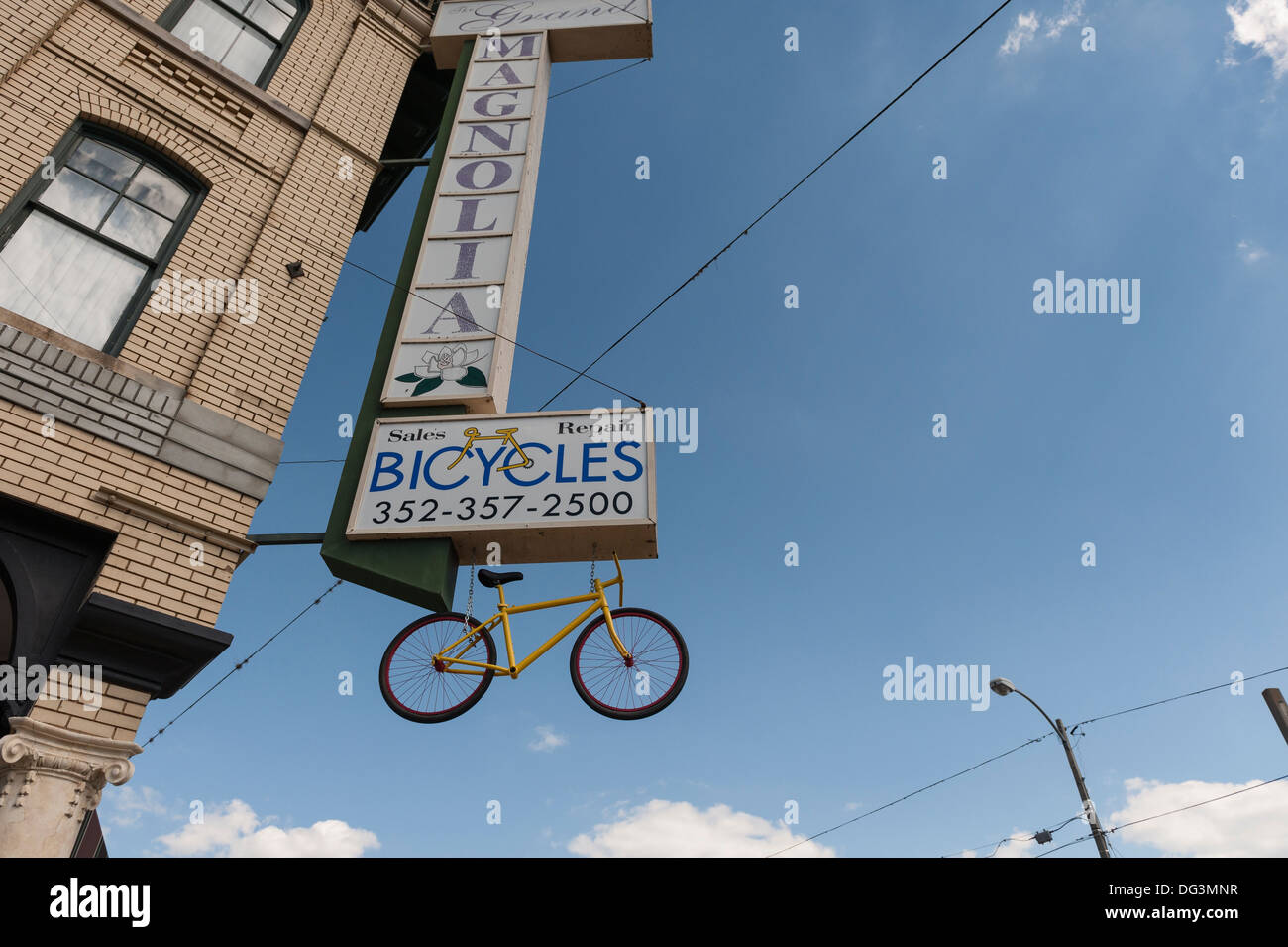 Bicycle repair and sales sign display in Eustis, Florida USA Stock