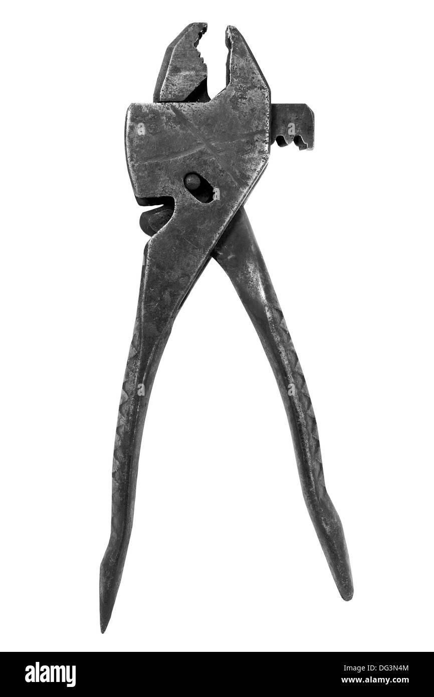 vintage rusty combination pliers over white background, clipping path Stock Photo